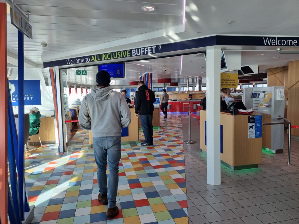 Entrance to the All Inclusive Buffet on the ferry Berlin with a cards-only sign