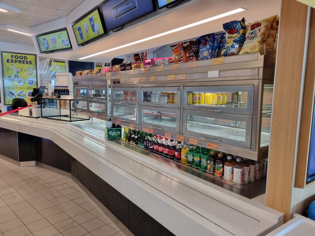 Food Express counter with snacks and drinks on board