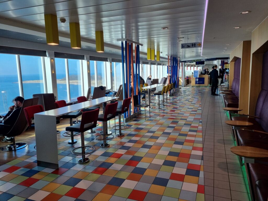 Lounge with panoramic windows on board the Rostock Gedser ferry