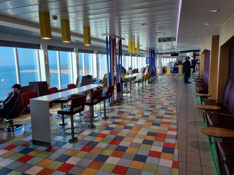 Lounge with panoramic windows on board the Rostock Gedser ferry