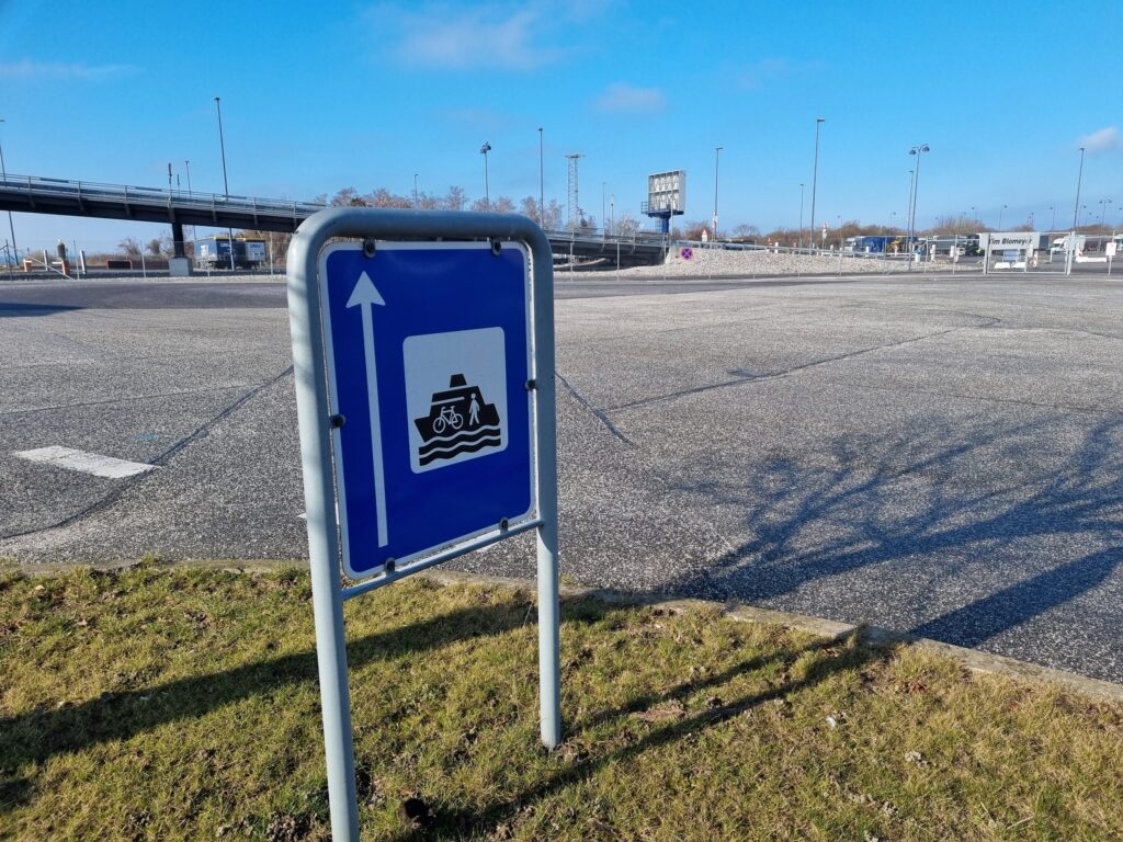 Sign at Gedser port directing foot and bike passengers to the ferry